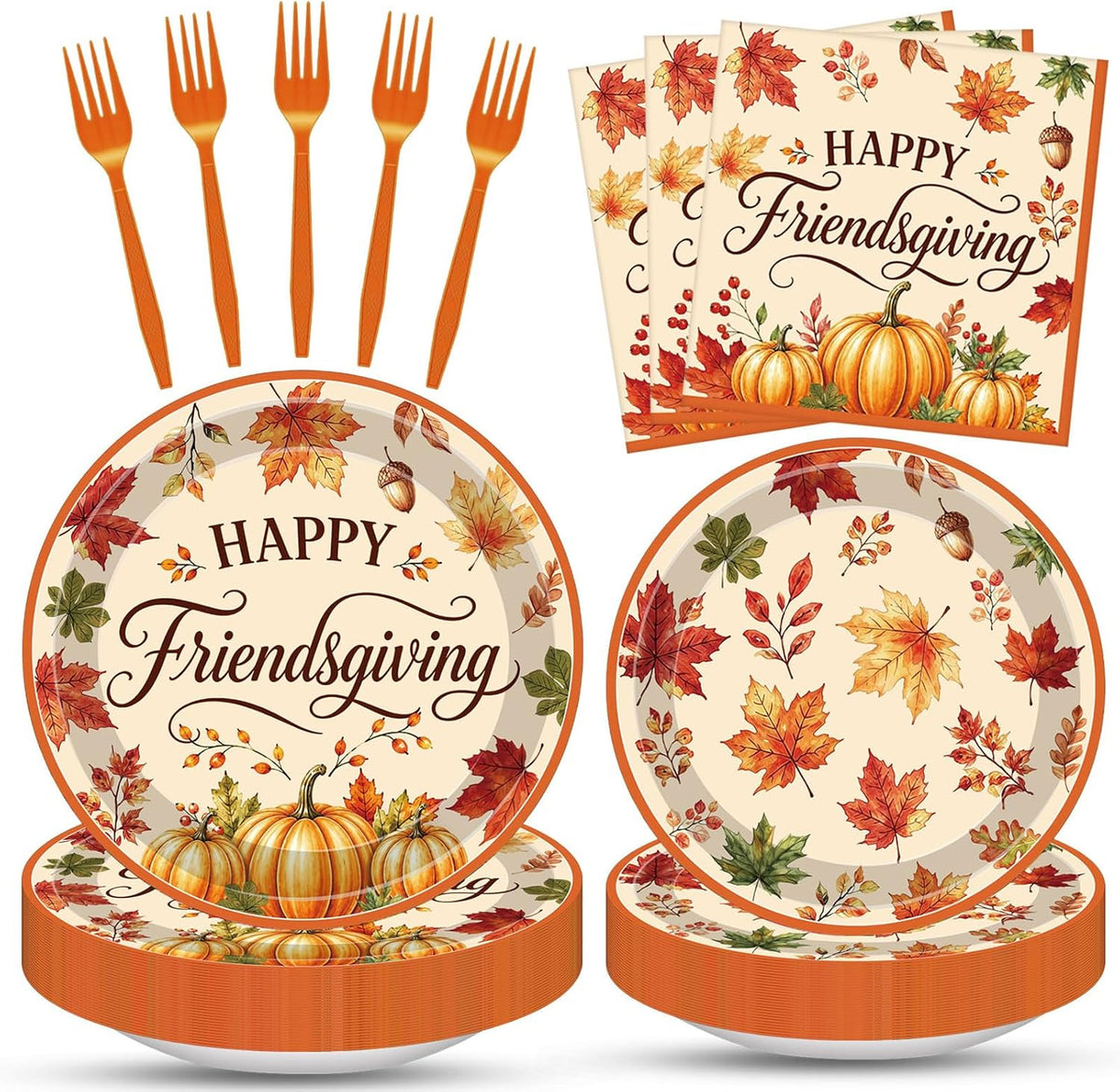 100 Pieces Happy Friendsgiving Tableware Set, Maple Leaf Pumpkin Paper Plates, Napkins, and Plastic Forks for Thanksgiving Dinner, Fall Harvest Autumn Family Gathering, Friendsgiving Table Decorations
