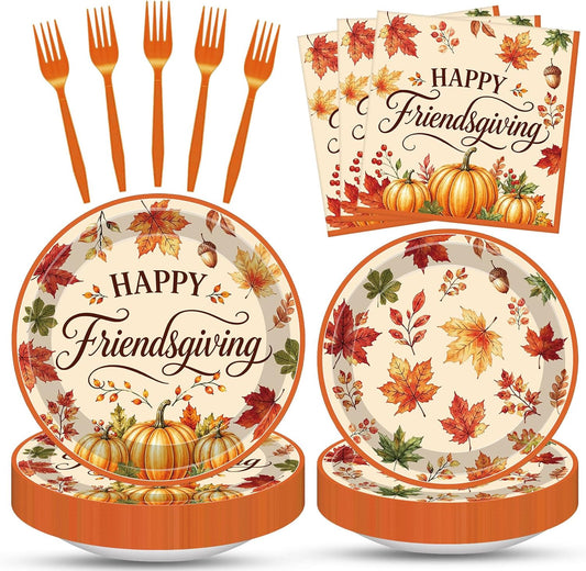 100 Pieces Happy Friendsgiving Tableware Set, Maple Leaf Pumpkin Paper Plates, Napkins, and Plastic Forks for Thanksgiving Dinner, Fall Harvest Autumn Family Gathering, Friendsgiving Table Decorations