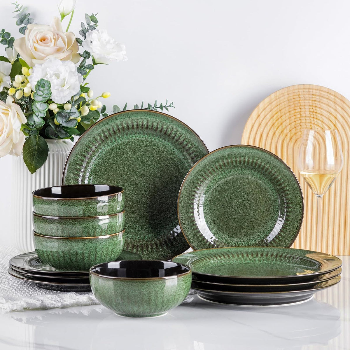 LeRatio Ceramic Dinnerware Sets for 4,12Pcs Porcelain Plates and Bowls Set