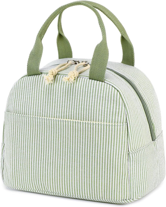 Bluboon Lunch Box for Women Cute Lunch Bag Reusable Insulated Lunch Bags Large Capacity Lunchbox Cooler for Work Picnic or Travel Gifts (A Sage Green White Stripes, 10 x 7.5 x 8 inches)