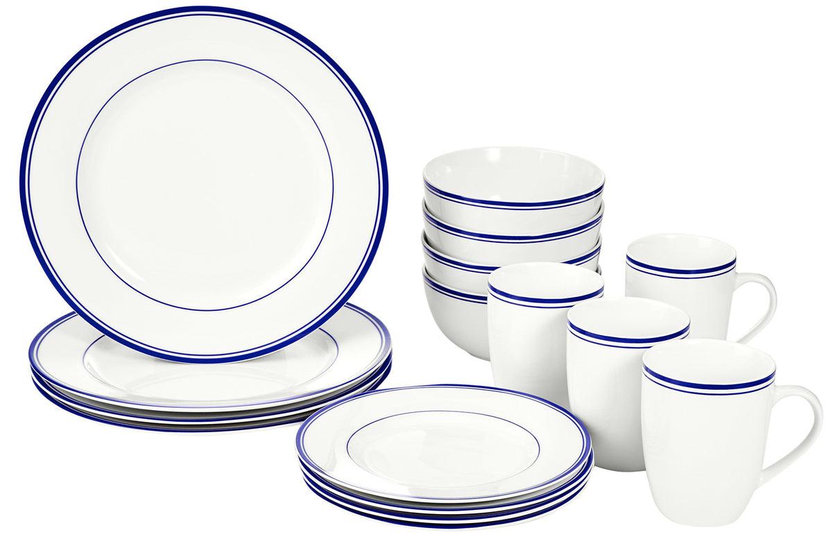 Amazon Basics 16-Piece Cafe Stripe Dinnerware Set, Microwave and Dishwasher Safe, Plates, Bowls, Mugs, Service for 4, Black