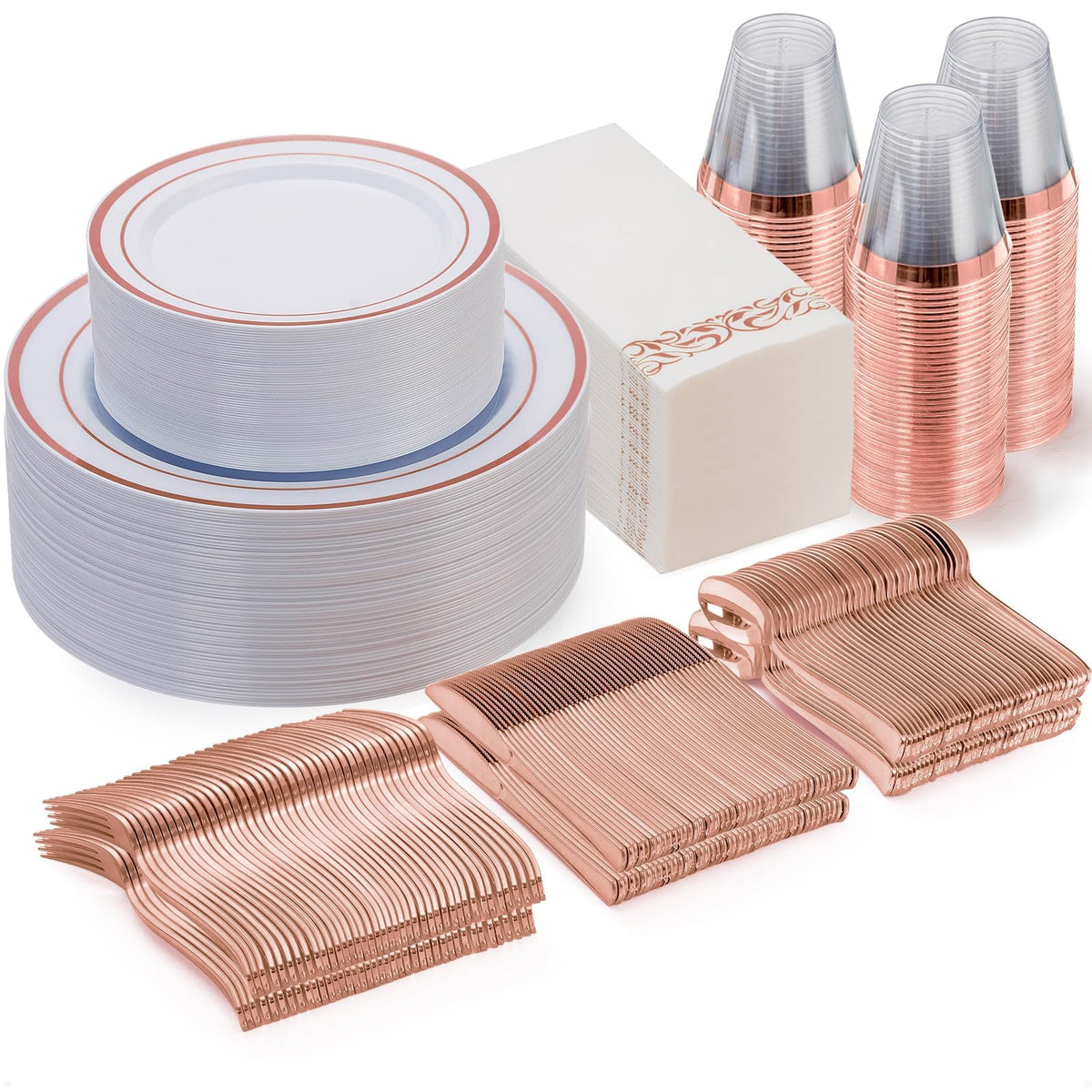 Goodluck 700 Piece Gold Dinnerware Set for 100 Guests, Disposable Plate Set