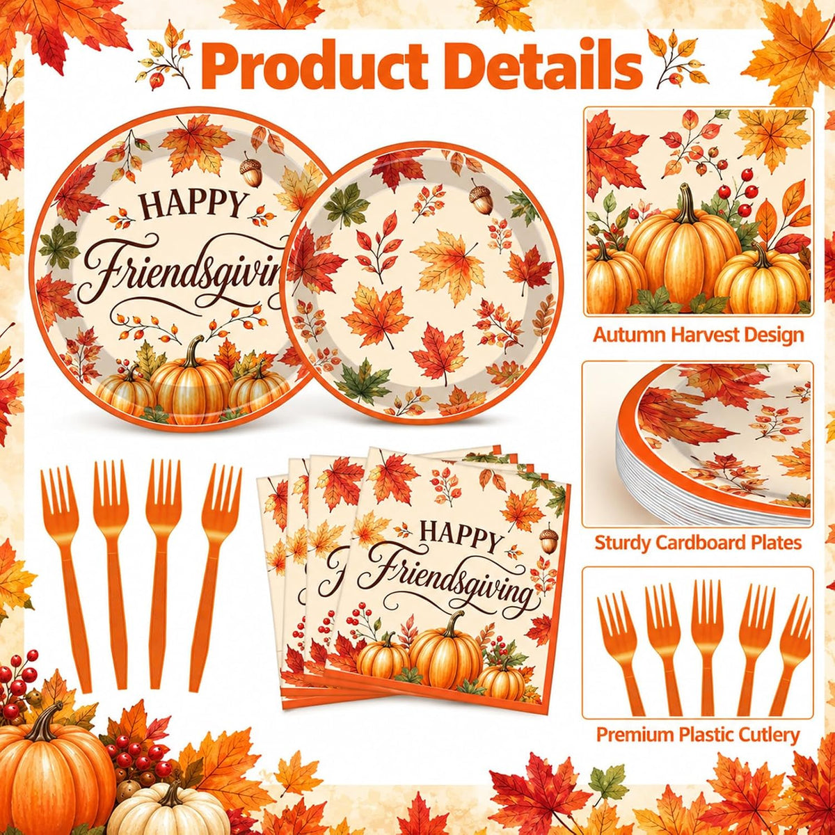 100 Pieces Happy Friendsgiving Tableware Set, Maple Leaf Pumpkin Paper Plates, Napkins, and Plastic Forks for Thanksgiving Dinner, Fall Harvest Autumn Family Gathering, Friendsgiving Table Decorations