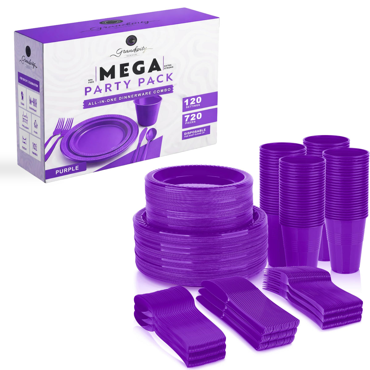 Grandipity Disposable Plastic Dinnerware Sets for Parties (720 pcs)