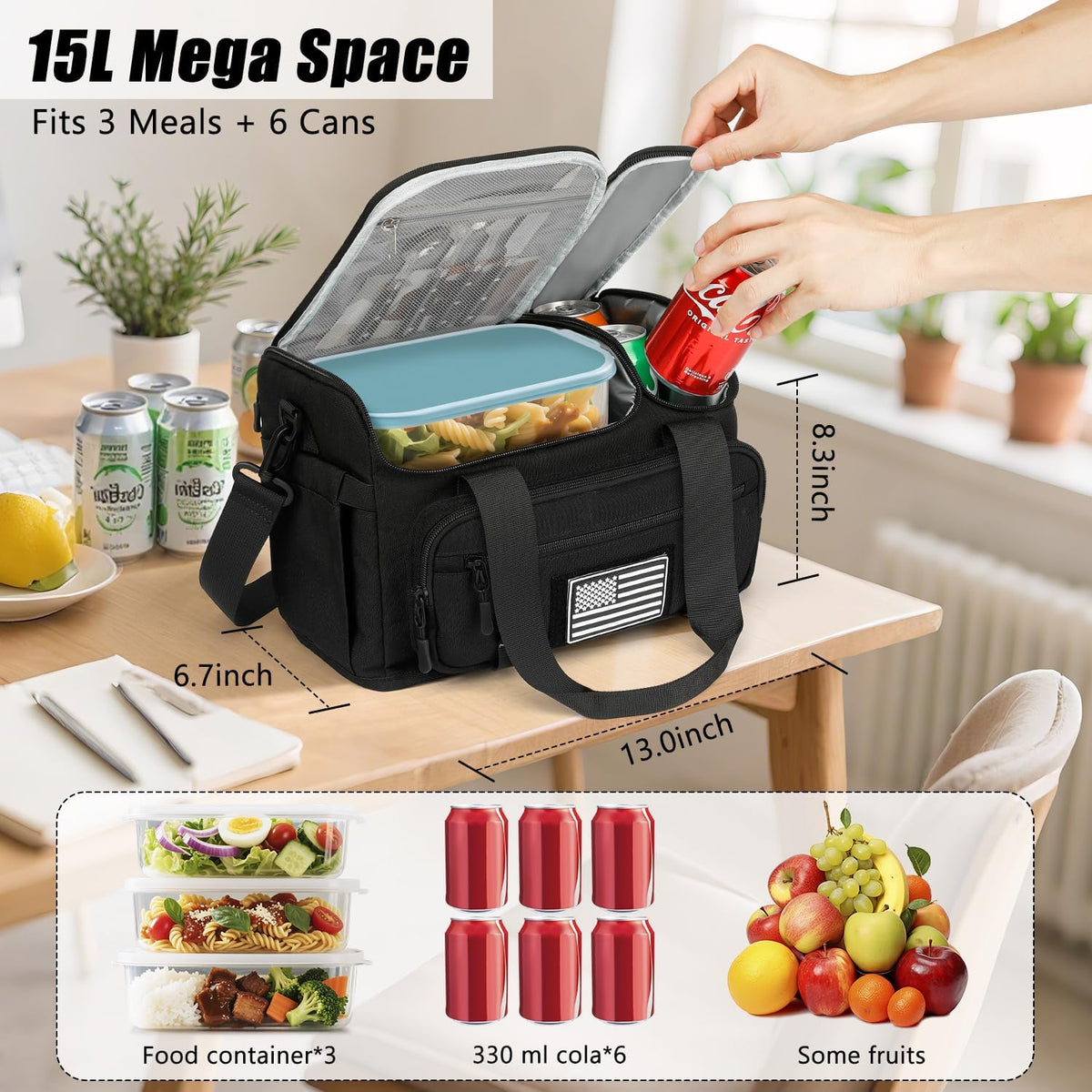 Lunch Box for Men Women, 15L Insulated Lunch Bag with Hot/Cold Compartment