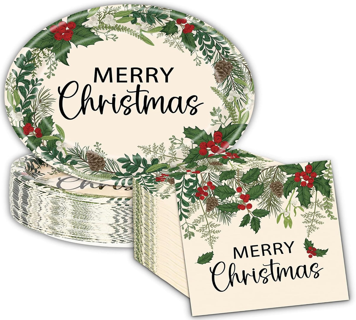 100Pcs Merry Christmas Oval Paper Plates and Napkins ,12"x10" Beige Plates