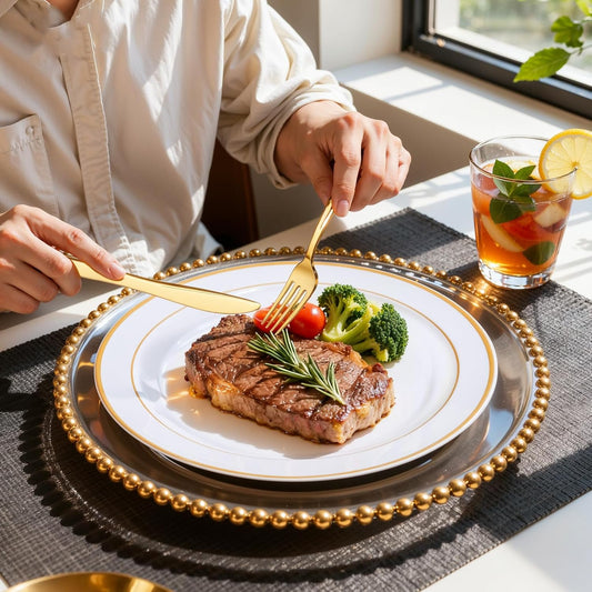 WDF Partyware 350Piece Gold Dinnerware Set for 50 Guests - Gold Plastic Plates with Disposable Cutlery - 50Dinner Plates-50Dessert Plates-50Pre Rolled Napkins with Silverware for Wedding/Thanksgiving