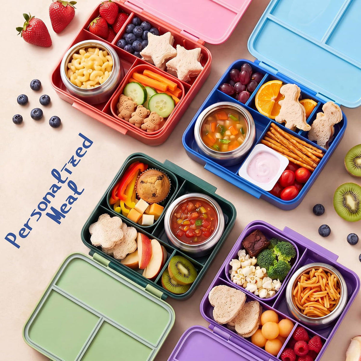 Bento Lunch Box for Kids with 8oz Soup Thermo Leak-Proof Lunch Food Containers with Snack Sauce Container for Kid Girls Boys to School,Blue Bag