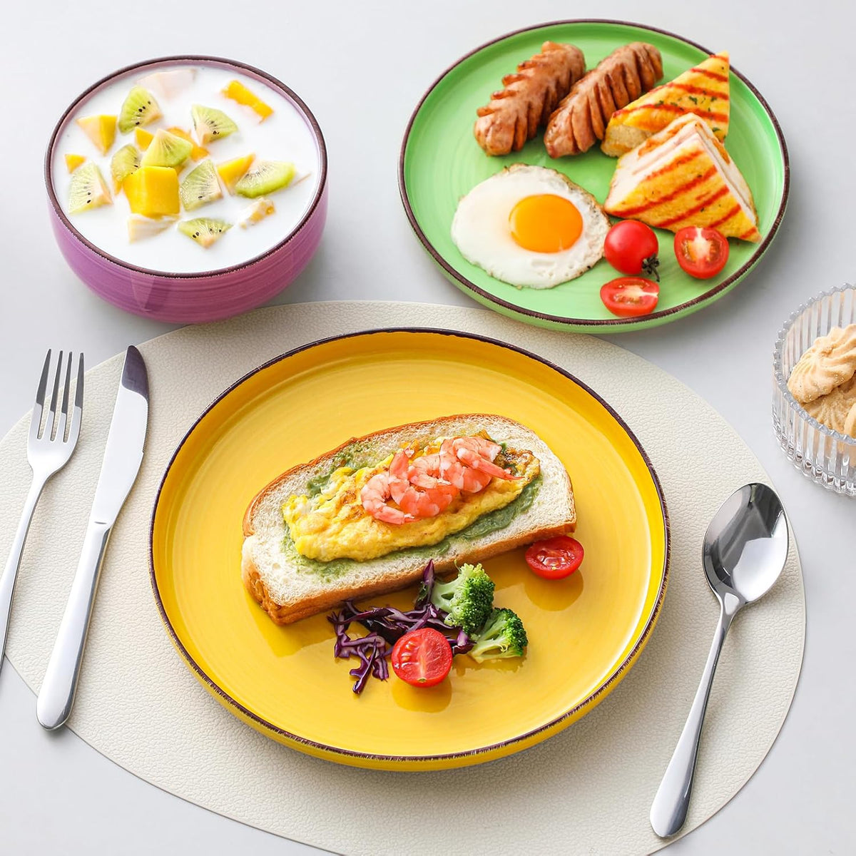 vancasso Bonita Stoneware Dinnerware Sets, 12 Pieces Dishes Set，Polished Round Plates and Bowls Set for 4, Dishwasher and Microwave Safe, Multicolor