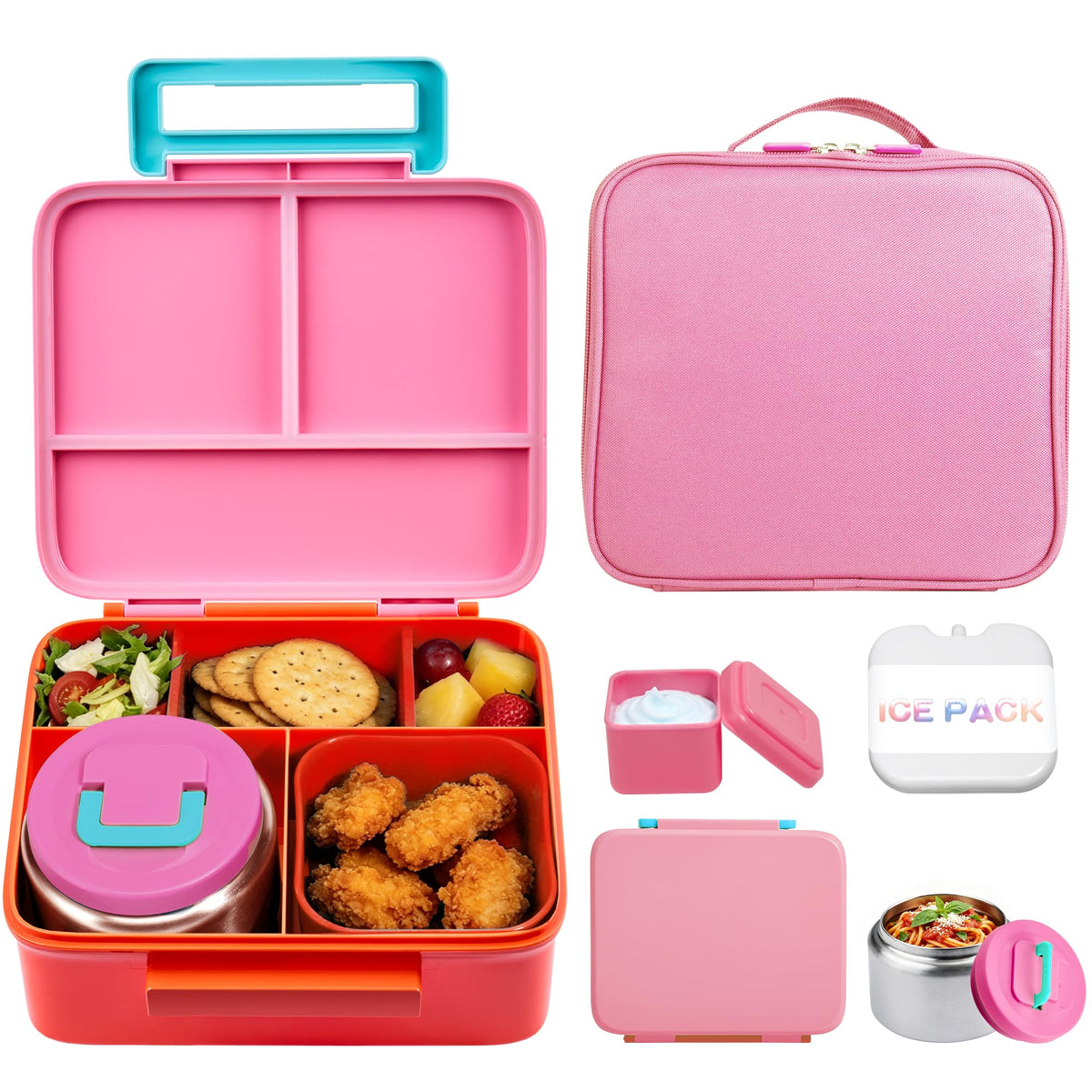 Bento Lunch Box for Kids with 8oz Soup Thermo Leak-Proof Lunch Food Containers with Snack Sauce Container for Kid Girls Boys to School,Blue Bag