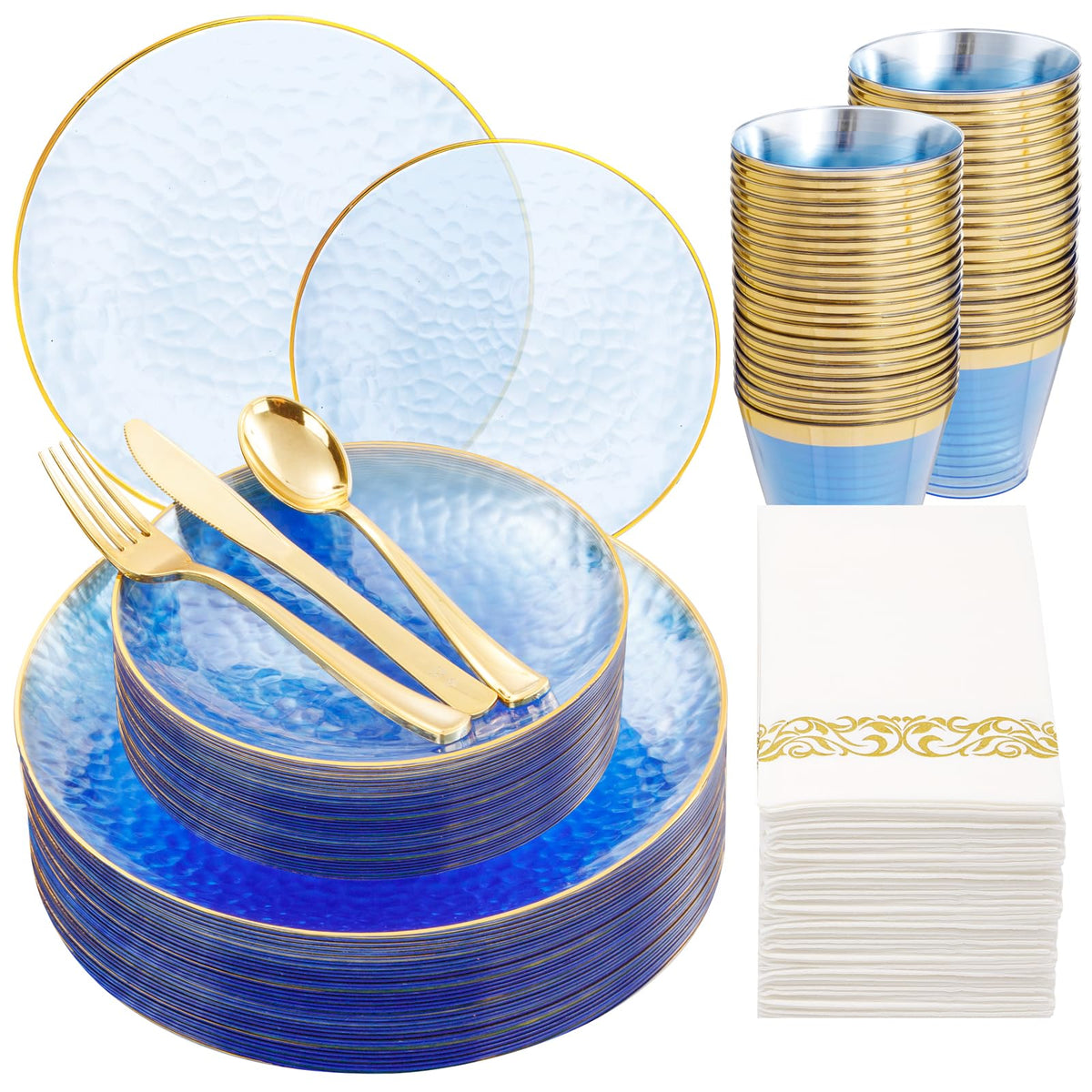 Rubtlamp 175 Pcs Plastic Dinnerware Set (25 Guests), Blue Disposable Plates With Gold Rim, Hammered Party Plates Set Include Dinner Platos, Dessert Platos, Cups, Cutlery And Napkins for Party