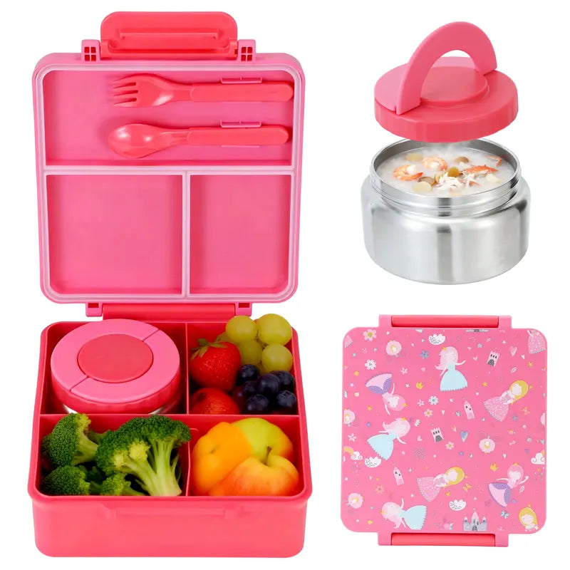 ChicLab Unicorn Pattern Reusable Lunch Box - 4 BPA-Free Compartments, Airtight Leakproof Insulated Sturdy Tableware with 8oz Soup Thermos, Portable Lightweight for School