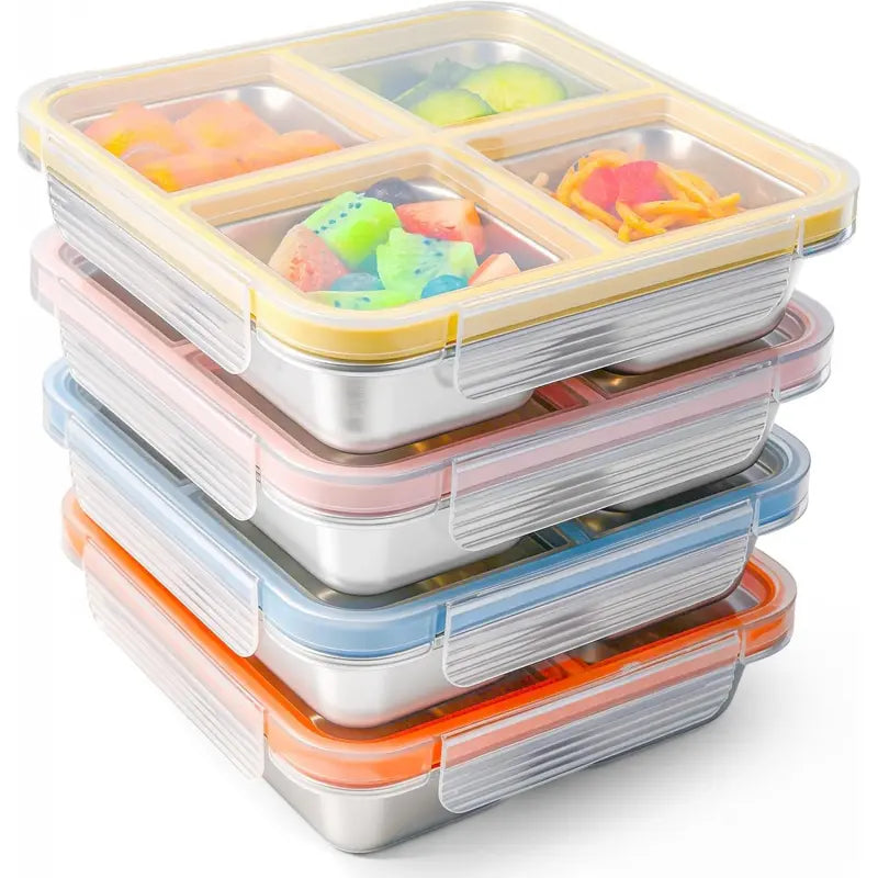 Stainless Steel Bento Lunch Box - 4-Compartment Reusable Snack Container, Leak-Proof, Dishwasher Safe, Portable Adults' Stainless Steel Food Storage Container for Camp Kitchen Meal Prep, Travel Gear