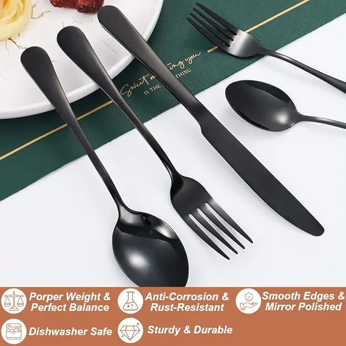 Sebastian CADIA Food-Grade Stainless Steel Cutlery Set (30/48/60-Piece) - Reusable, Dishwasher-Safe, Black Fork/Knife/Spoon - Adult, Everyday, Irregular, Western-Chinese Fit Tableware Kit - Dinnerware Service Set, Home Essentials