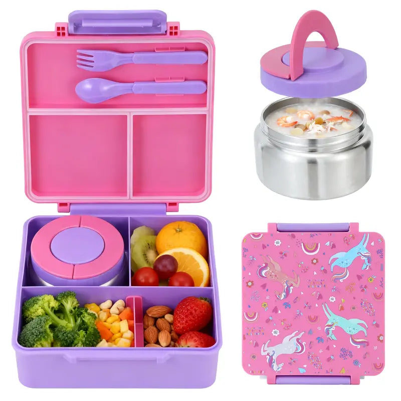 ChicLab Unicorn Pattern Reusable Lunch Box - 4 BPA-Free Compartments, Airtight Leakproof Insulated Sturdy Tableware with 8oz Soup Thermos, Portable Lightweight for School