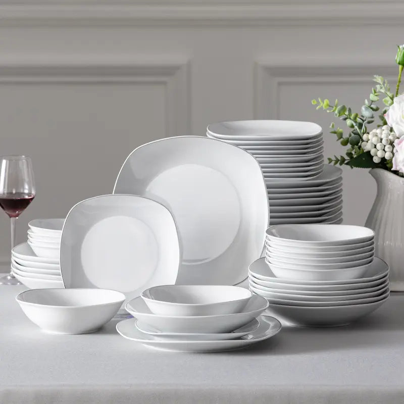 MALACASA Porcelain Dinnerware Set - Square Ceramic Plates & Bowls Set, 18/24/30/36/50 Pieces, Modern Design, Dishwasher & Microwave Safe Cutlery Winter Holiday