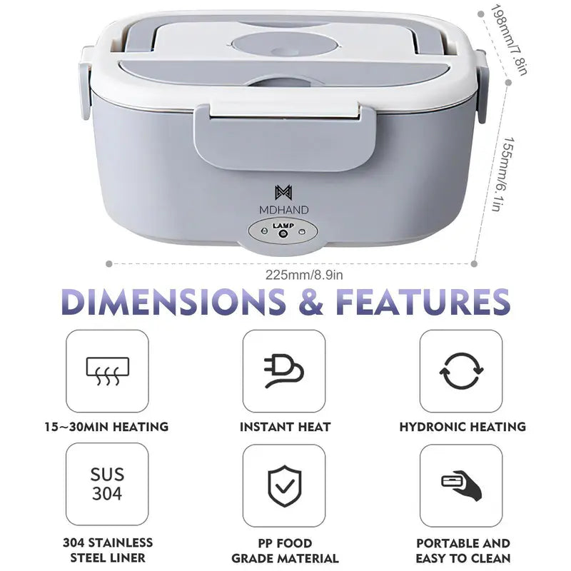 Modern Stainless Steel Insulated Heated Lunch Box with Tray, Lid, Plastic Fork, Spoon, Insulated Bag & Tableware Bag - 12V-24V Car Portable Food Warmer with 2 Different Plugs, 360° Even Fast Heat, Temperature-Controlled for Truck Drivers, Travel