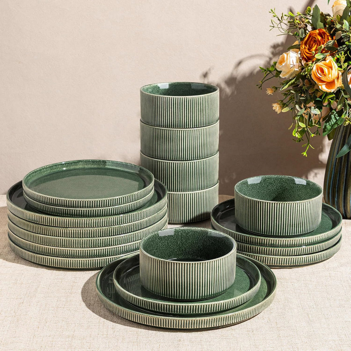 GBHOME Stoneware Dinnerware Sets for 4,12-Piece Plates and Bowls Set