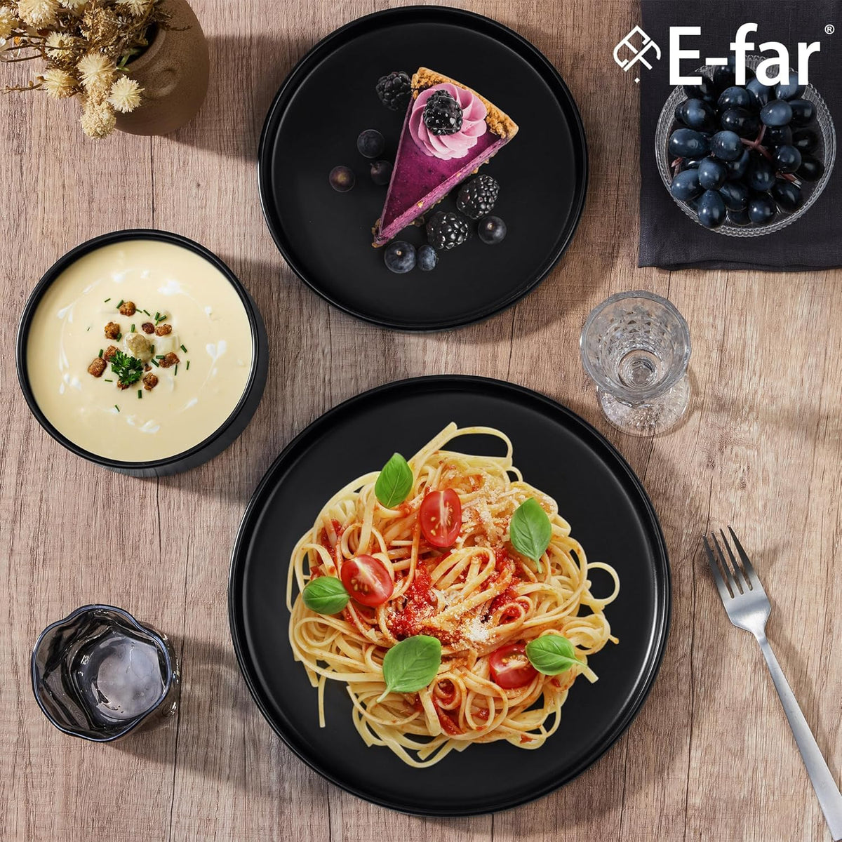 E-far Stoneware Dinnerware Sets, 12-Piece Black Plates and Bowls Set for 4