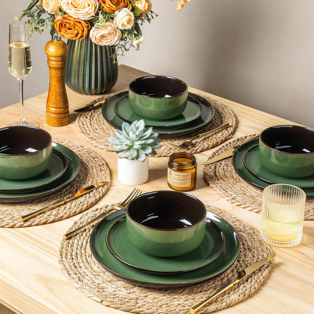 LeRatio Ceramic Dinnerware Sets for 4,12Pcs Porcelain Plates and Bowls Set