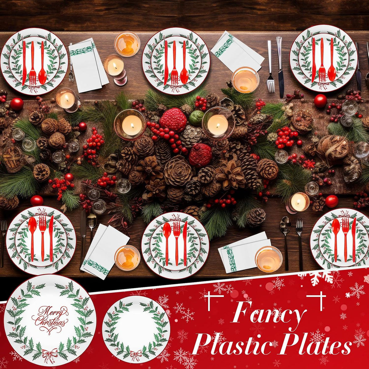 Layhit 175 Pcs Christmas Plastic Plates Dinnerware Set, Green Red