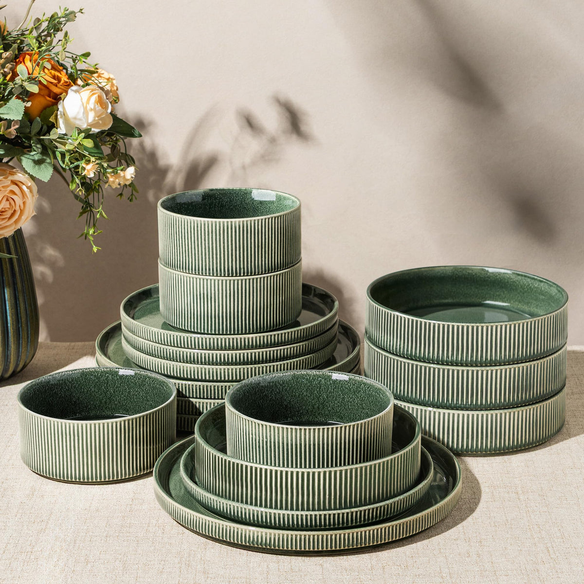 GBHOME Stoneware Dinnerware Sets for 4,12-Piece Plates and Bowls Set