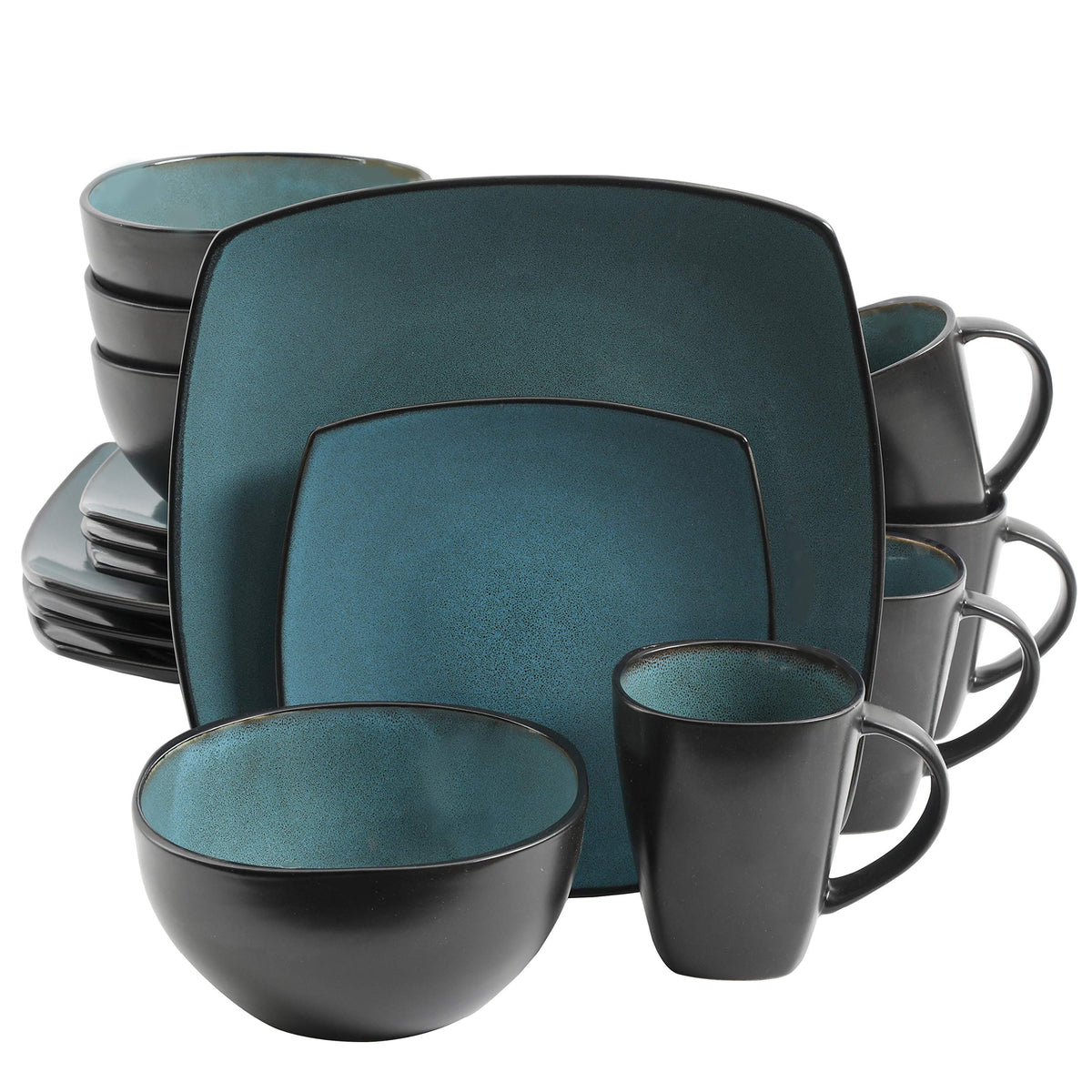 Gibson Elite Soho Lounge Square 16-Piece Dinnerware Set, Service for 4, Reactive Glaze Stoneware Plates and Bowls, Modern Dishes, Microwave & Dishwasher Safe – Red and Black