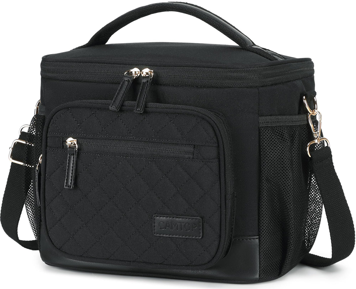CAMTOP Lunch Box for Women Insulated Lunch Bag Lunchbox Cooler Thermal Leakproof Quilted Reusable Lunch Tote Bag for Work School Travel Picnic (Black)