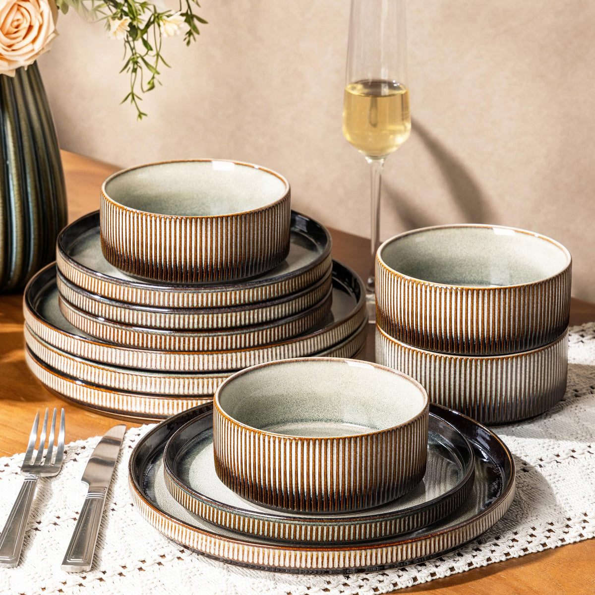GBHOME Stoneware Dinnerware Sets for 4,12-Piece Plates and Bowls Set