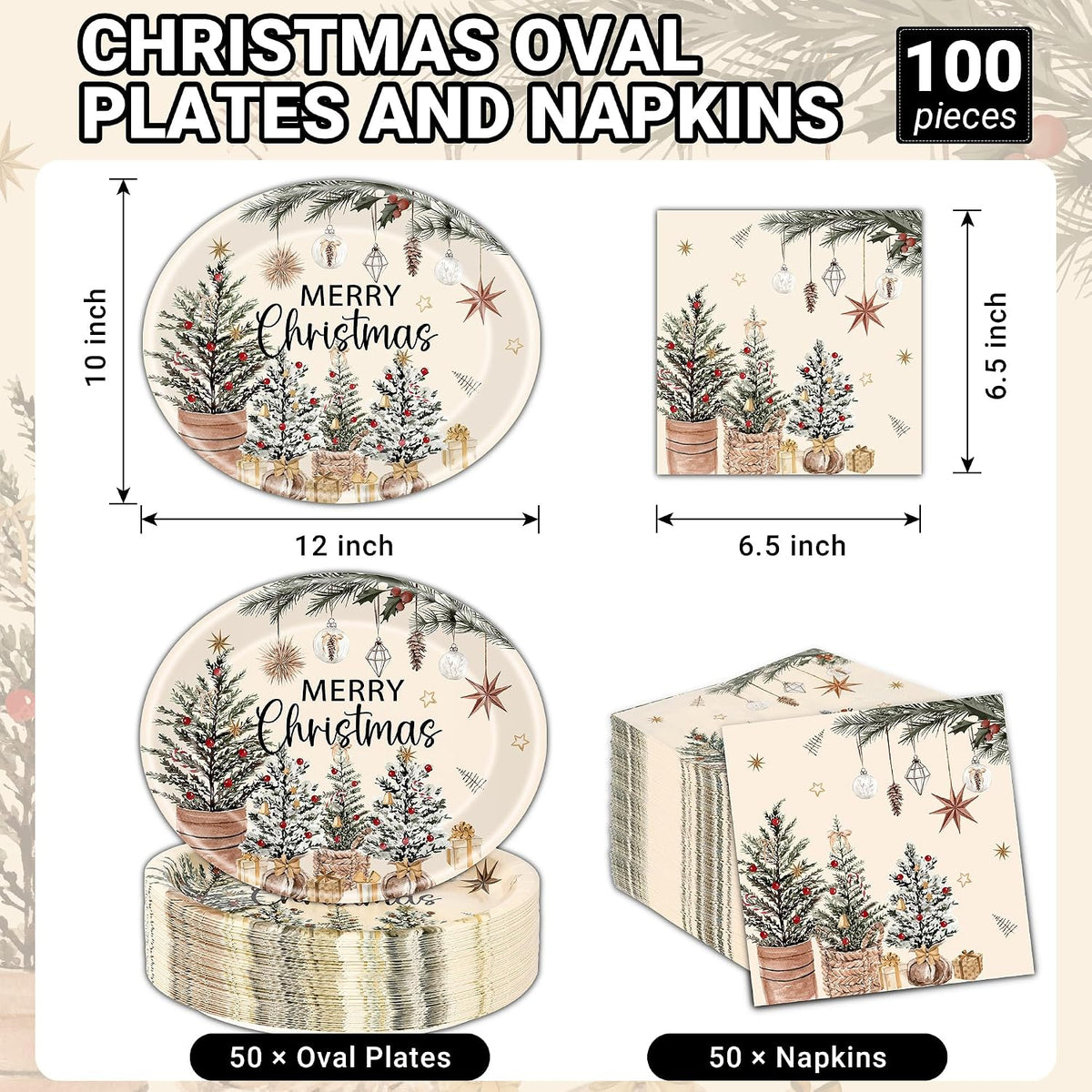 100Pcs Merry Christmas Oval Paper Plates and Napkins ,12"x10" Beige Plates
