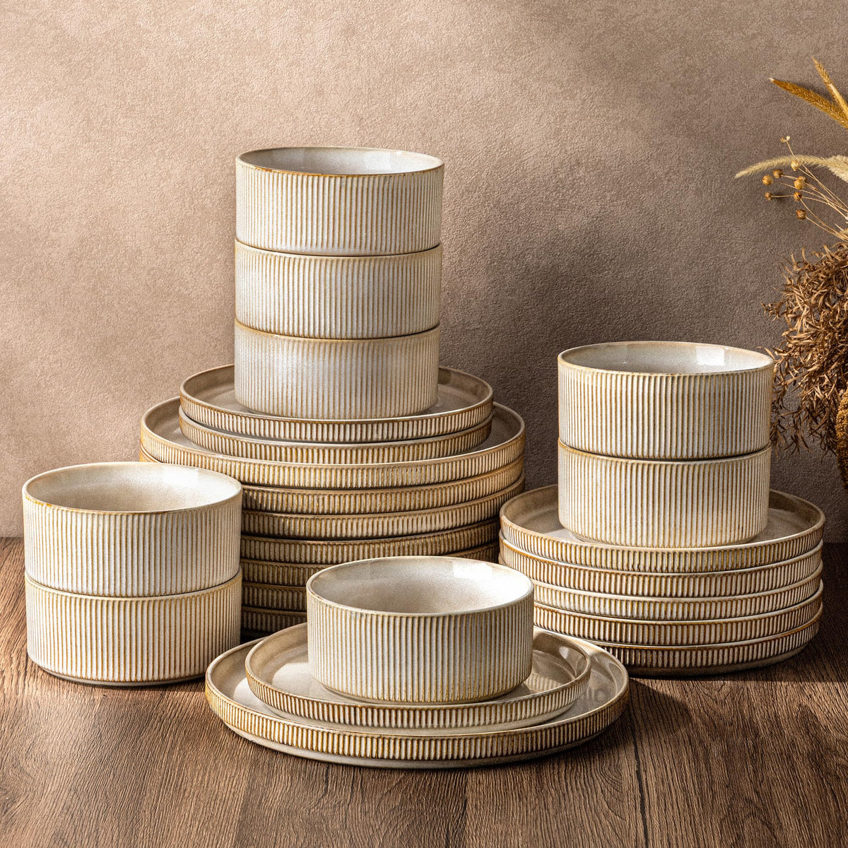 GBHOME Stoneware Dinnerware Sets for 4,12-Piece Plates and Bowls Set