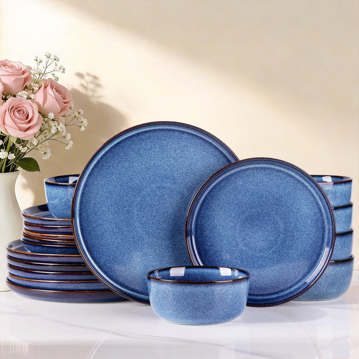GBHOME Ceramic Dinnerware Sets for 8, 24 Pieces Stoneware Plates and Bowls Sets, Scratch Resistant Dishes, Dishwasher & Microwave Safe, Reactive Glaze-Green Wheat