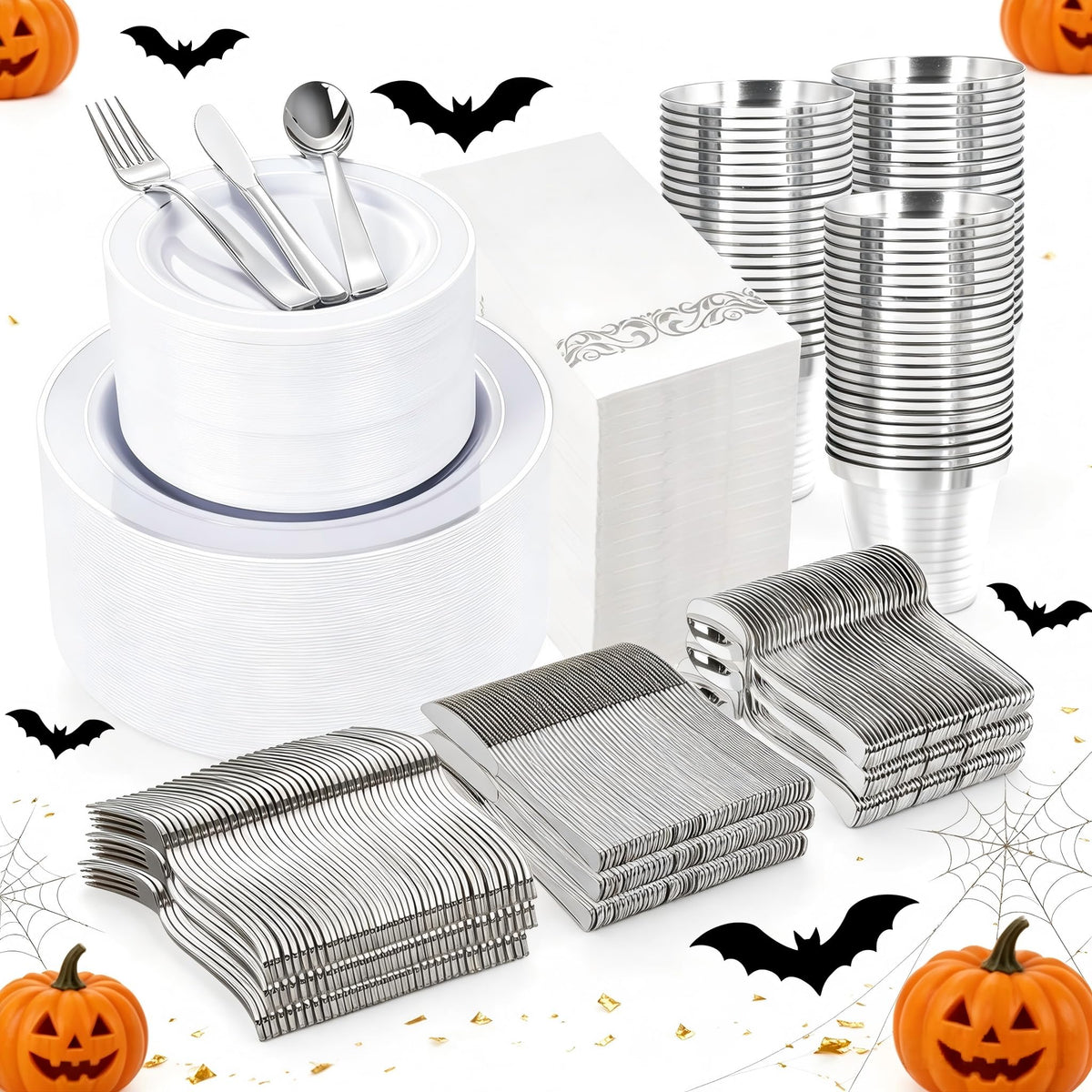 WELLIFE Disposable Plates & Gold Silverware Set, 350 Pieces for 50 Guests
