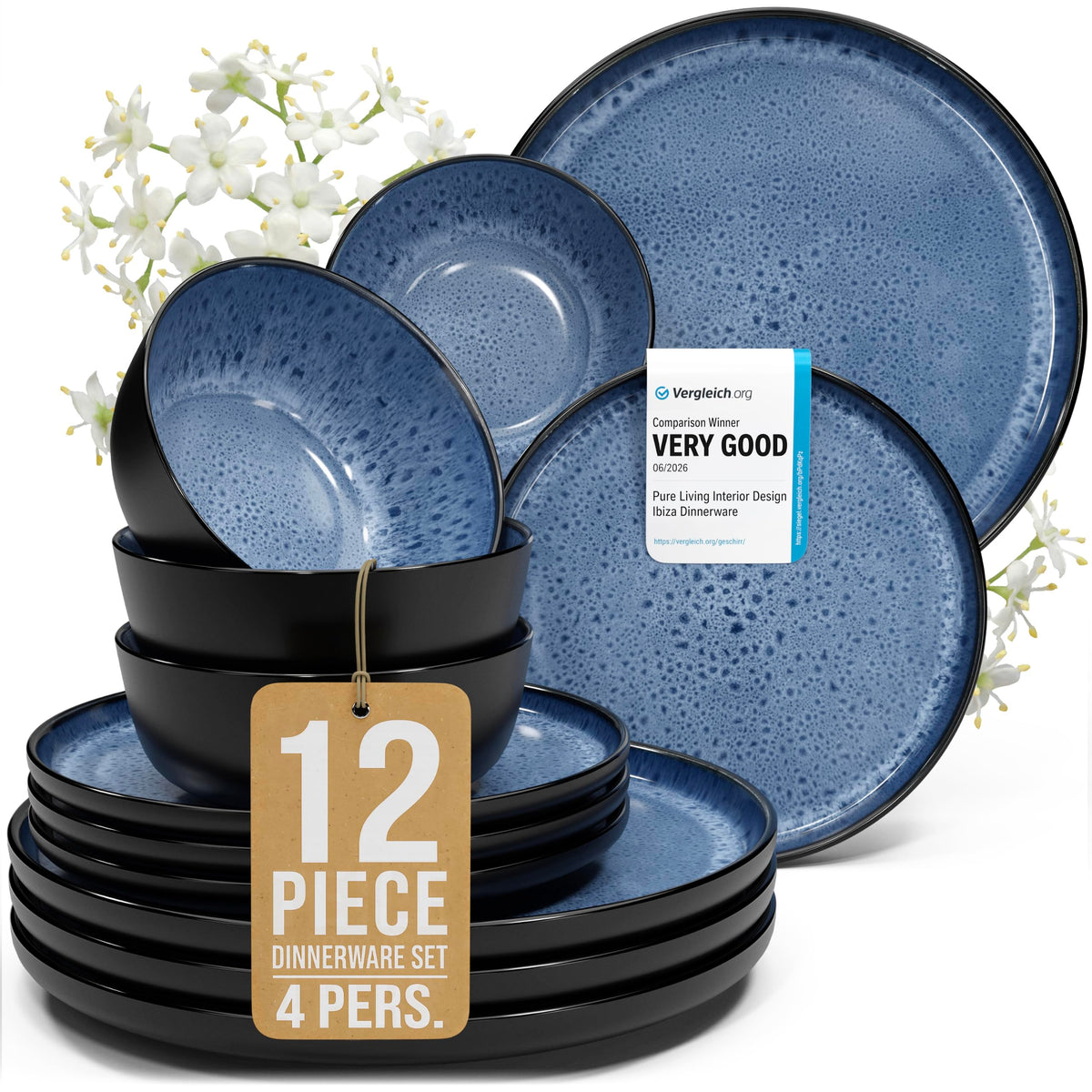 16 Piece Stoneware Dinnerware Set for 4, Handcrafted Plates and Bowls Set