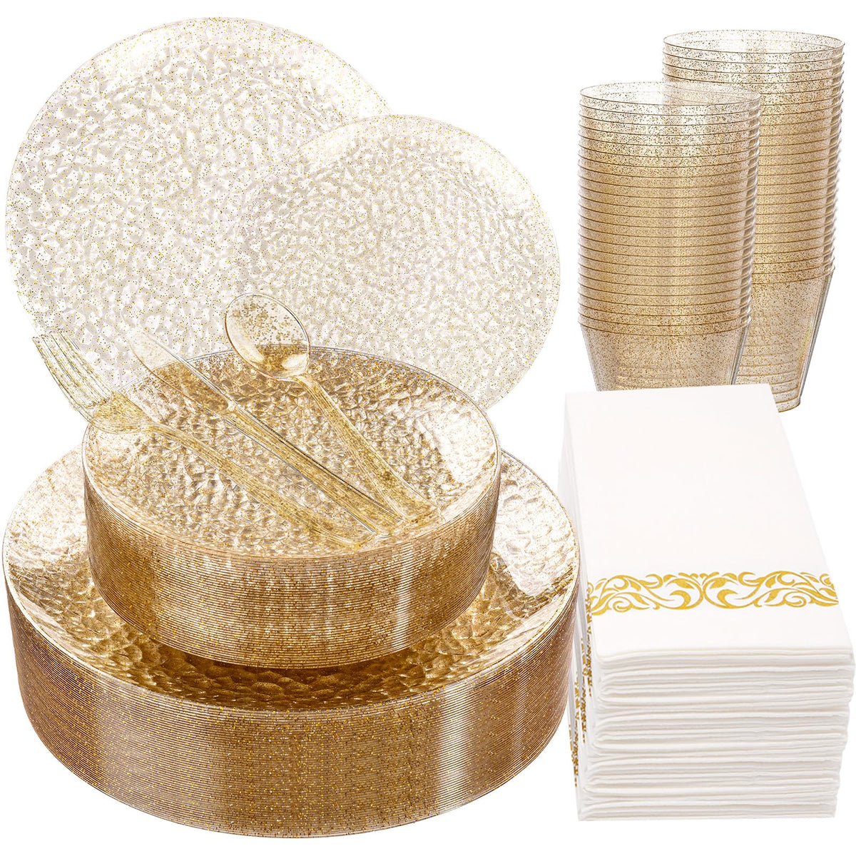 Rubtlamp 175 Pcs Plastic Dinnerware Set (25 Guests), Blue Disposable Plates With Gold Rim, Hammered Party Plates Set Include Dinner Platos, Dessert Platos, Cups, Cutlery And Napkins for Party