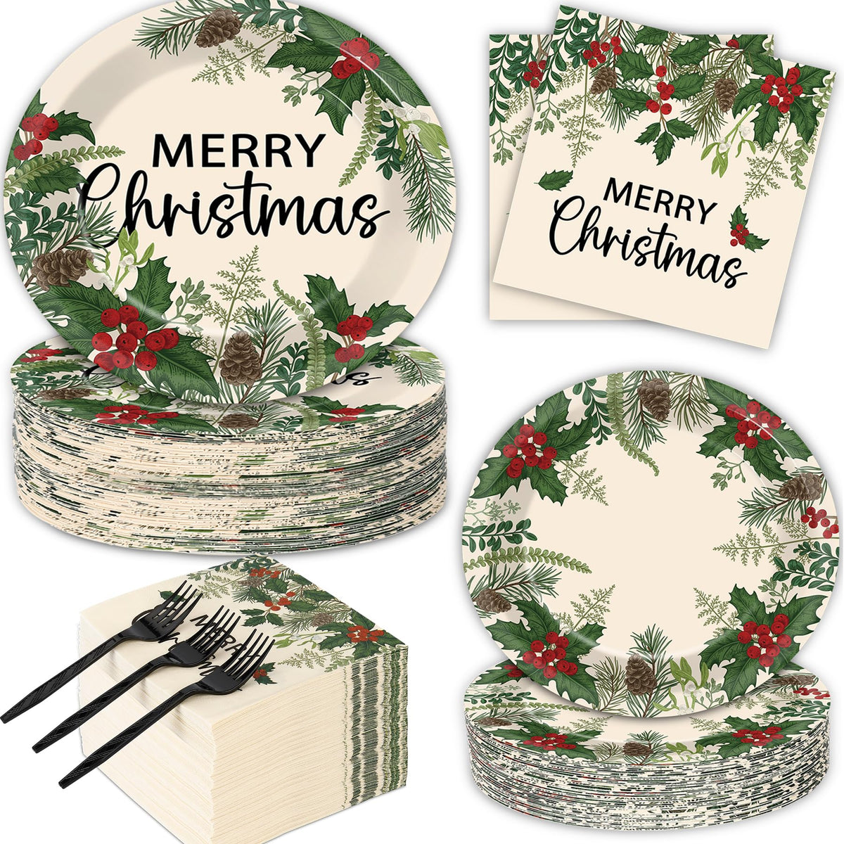 100Pcs Merry Christmas Oval Paper Plates and Napkins ,12"x10" Beige Plates