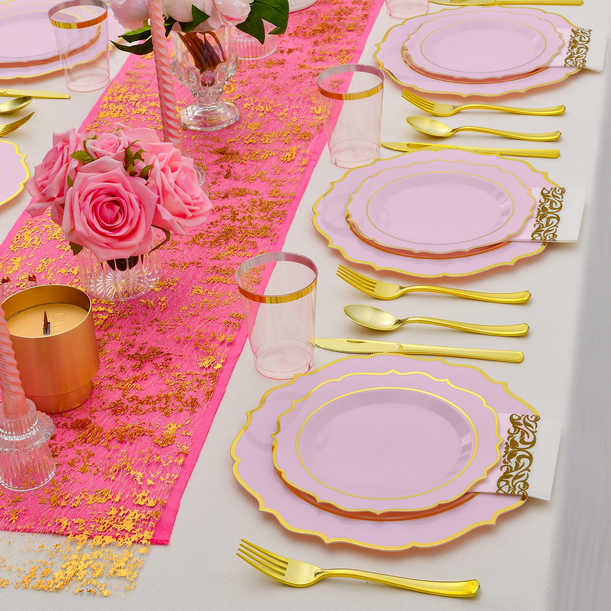 200 PCS Baroque Clear Gold Dinnerware Set for 25 Guests,Gold Rimmed Heavy Duty Plastic Disposable Plates for Party Wedding with Napkins,25Dinner Plates,Dessert Plates,Spoons,Forks,Knives,Cups