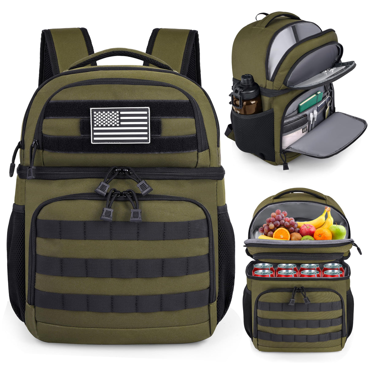 MOZETO Lunch Backpack for Men, Tactical Inspired Double Deck Cooler Backpack Insulated Leakproof RFID Lunchbox for Work (Black)
