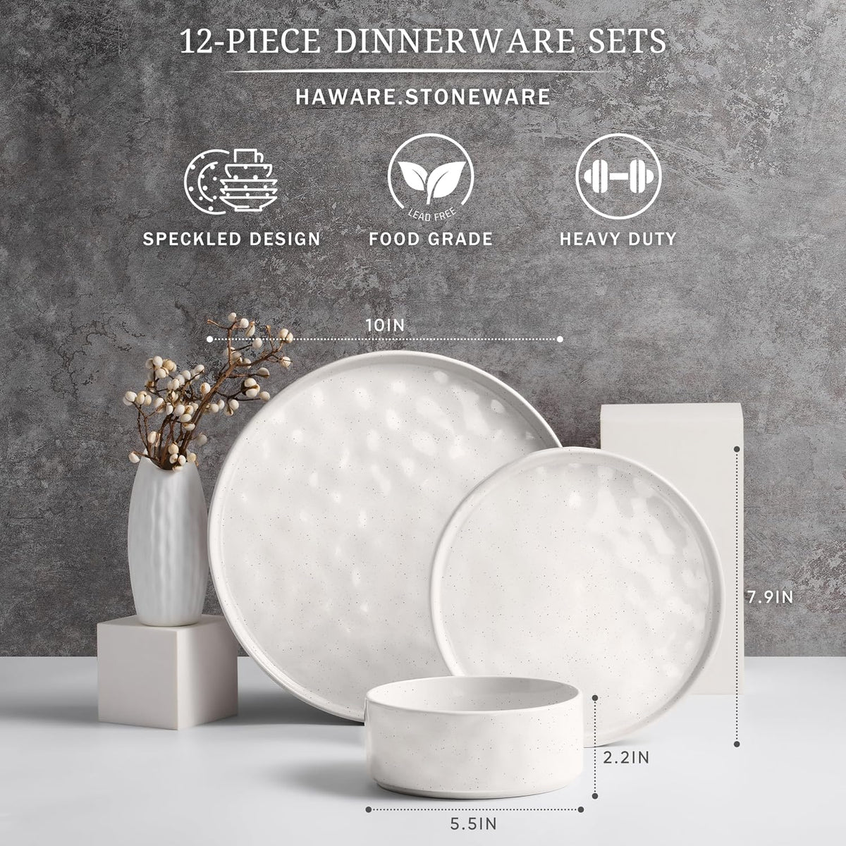 HaWare Dinnerware Sets, 12-Piece Plates and Bowls Set, Speckled White