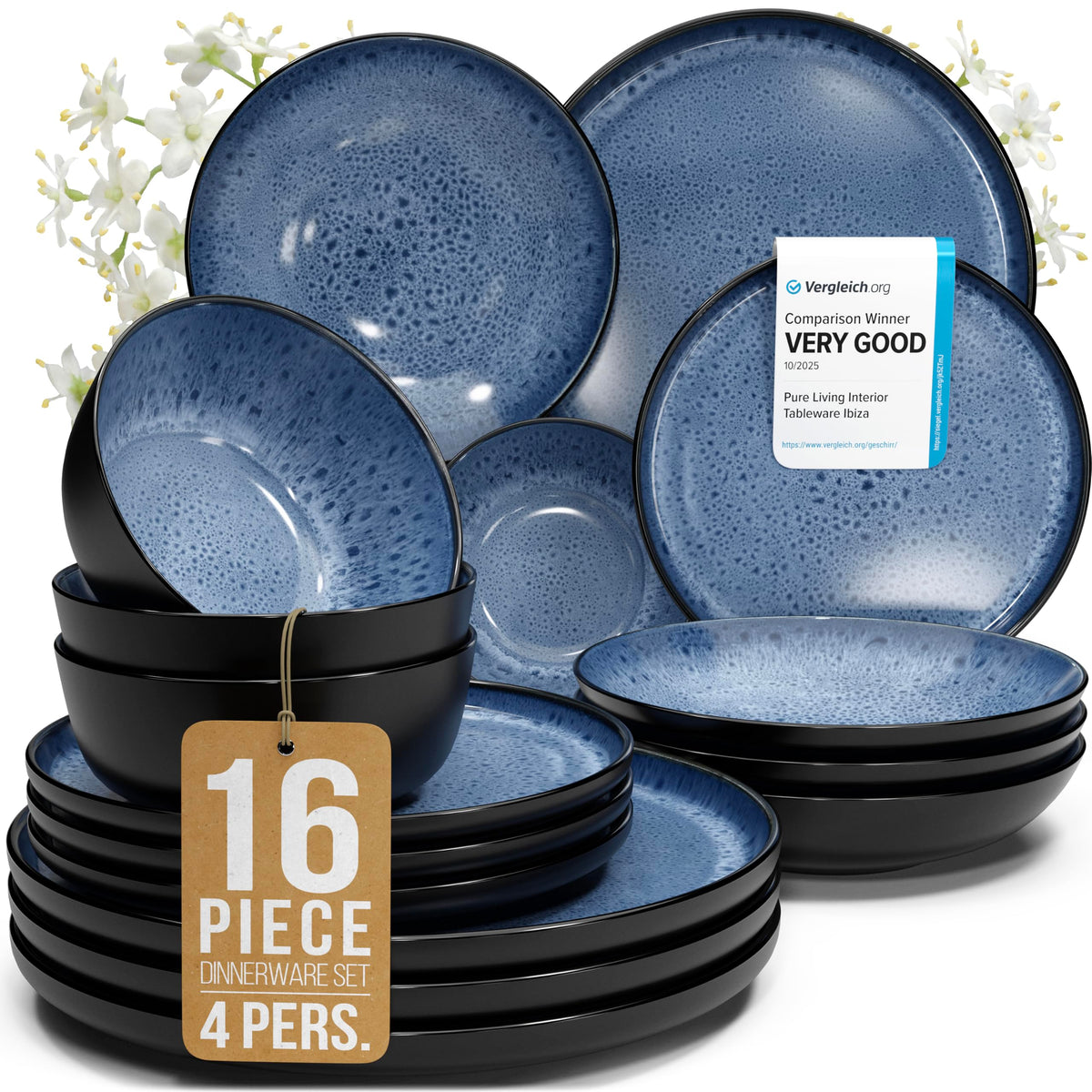 16 Piece Stoneware Dinnerware Set for 4, Handcrafted Plates and Bowls Set