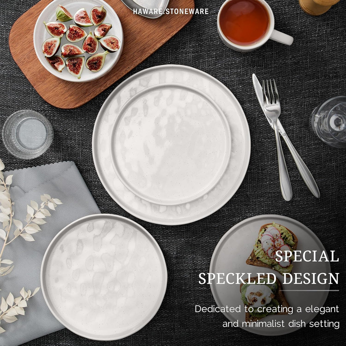 HaWare Dinnerware Sets, 12-Piece Plates and Bowls Set, Speckled White
