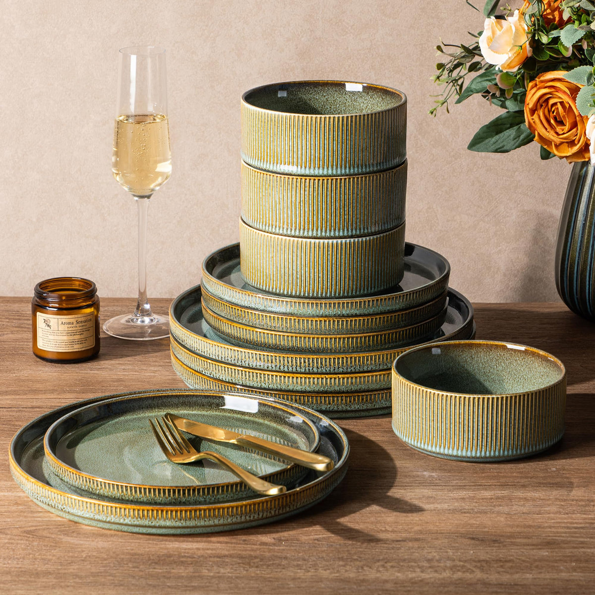 GBHOME Stoneware Dinnerware Sets for 4,12-Piece Plates and Bowls Set