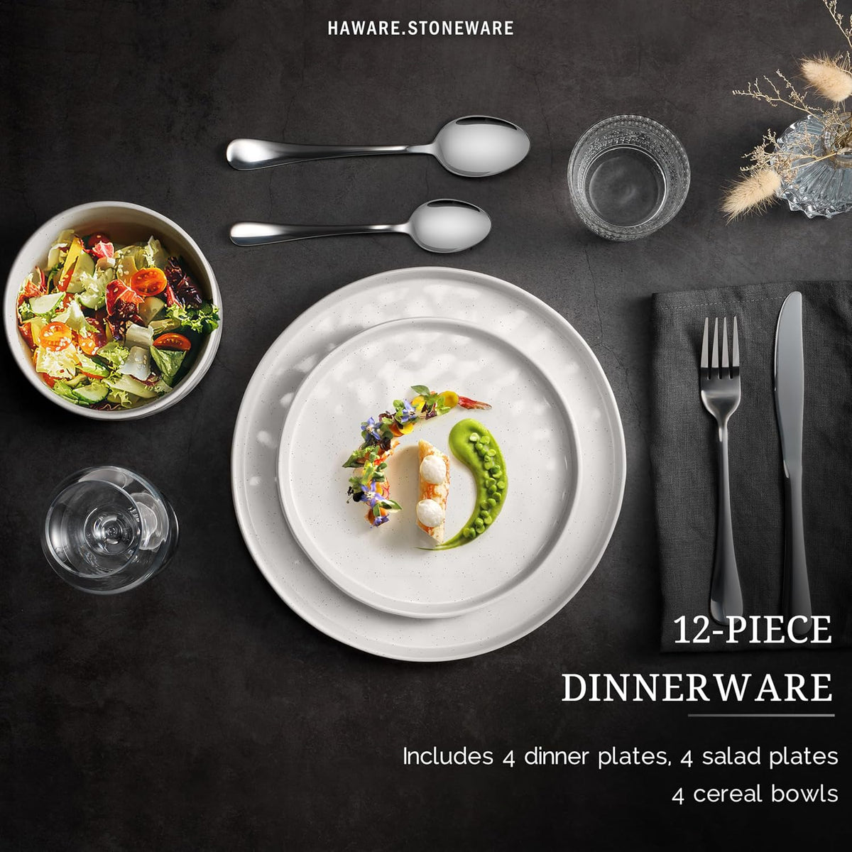 HaWare Dinnerware Sets, 12-Piece Plates and Bowls Set, Speckled White