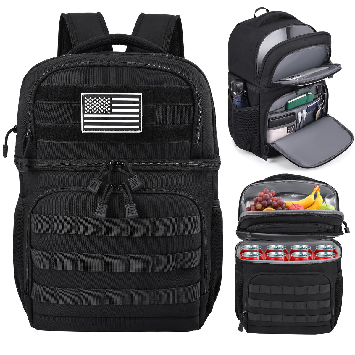 MOZETO Lunch Backpack for Men, Tactical Inspired Double Deck Cooler Backpack Insulated Leakproof RFID Lunchbox for Work (Black)