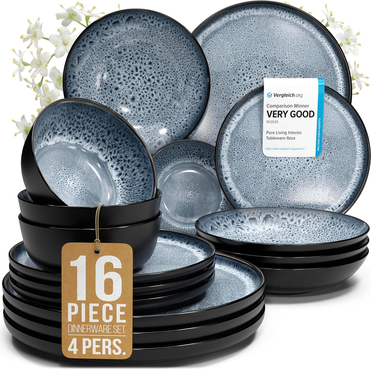 16 Piece Stoneware Dinnerware Set for 4, Handcrafted Plates and Bowls Set