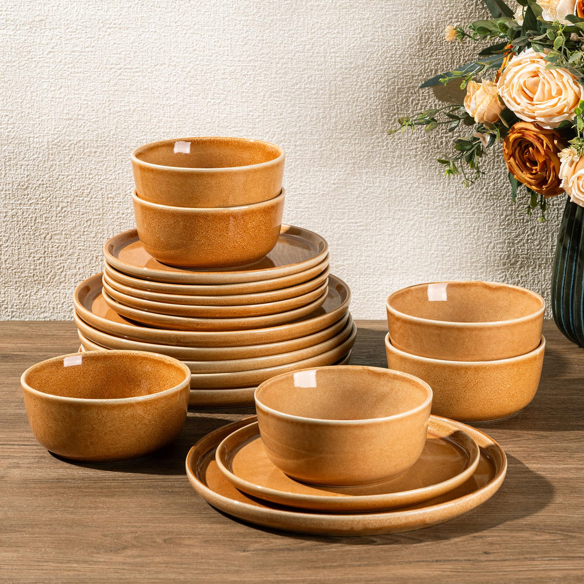 GBHOME Ceramic Dinnerware Sets for 8, 24 Pieces Stoneware Plates and Bowls Sets, Scratch Resistant Dishes, Dishwasher & Microwave Safe, Reactive Glaze-Green Wheat