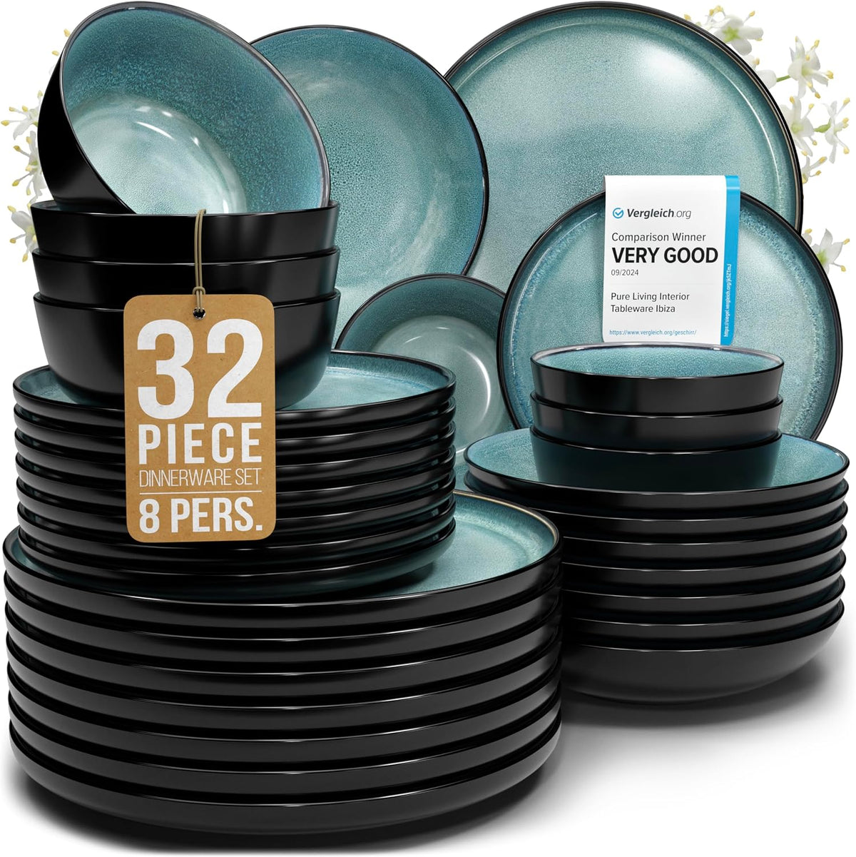 16 Piece Stoneware Dinnerware Set for 4, Handcrafted Plates and Bowls Set