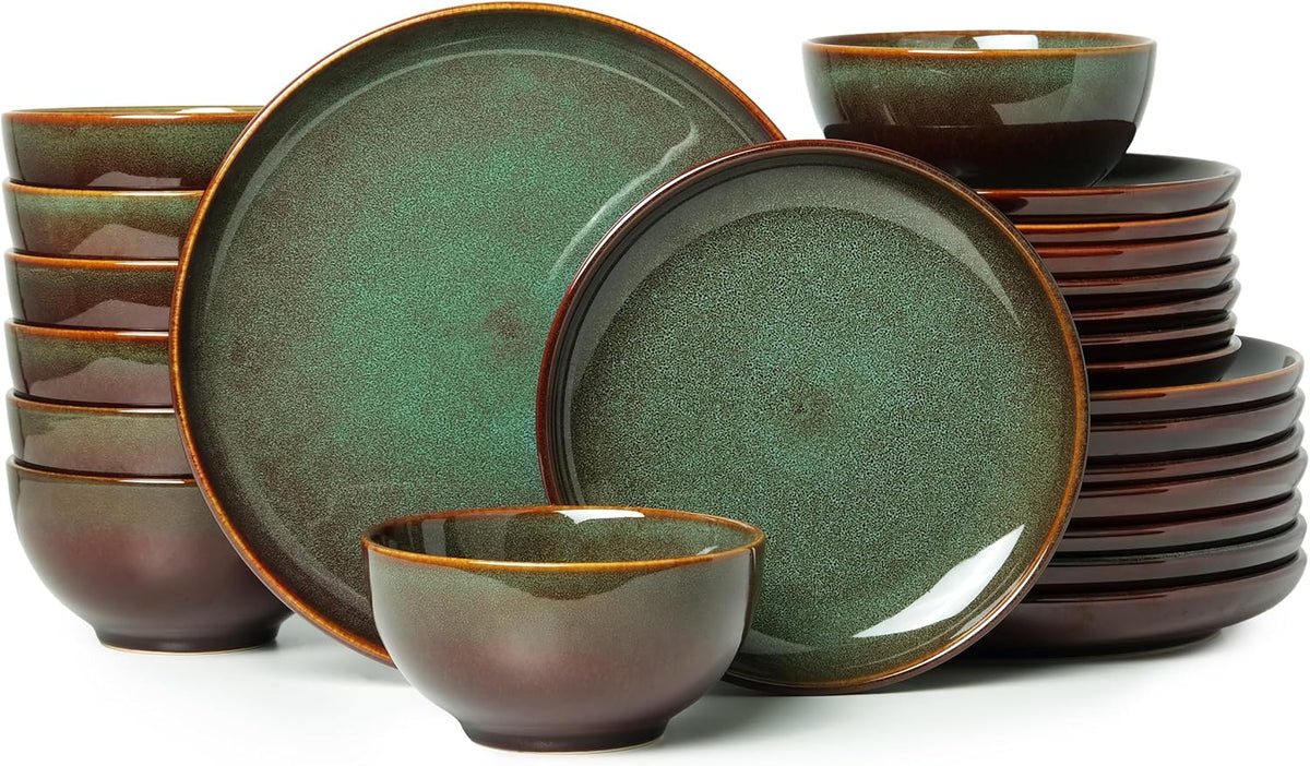 Pokini Stoneware Dinnerware Sets for 8, 24pcs Plates and Bowls Sets Dishes