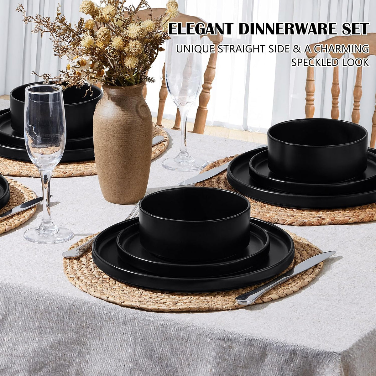 E-far Stoneware Dinnerware Sets, 12-Piece Black Plates and Bowls Set for 4