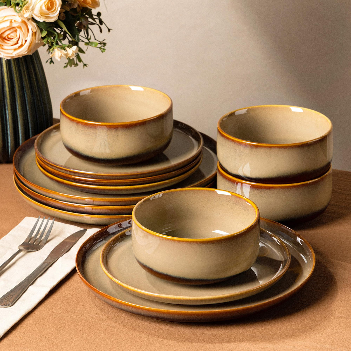 TheTerra Ceramic Dinnerware Set for 4, 12-Piece Plates and Bowls Set